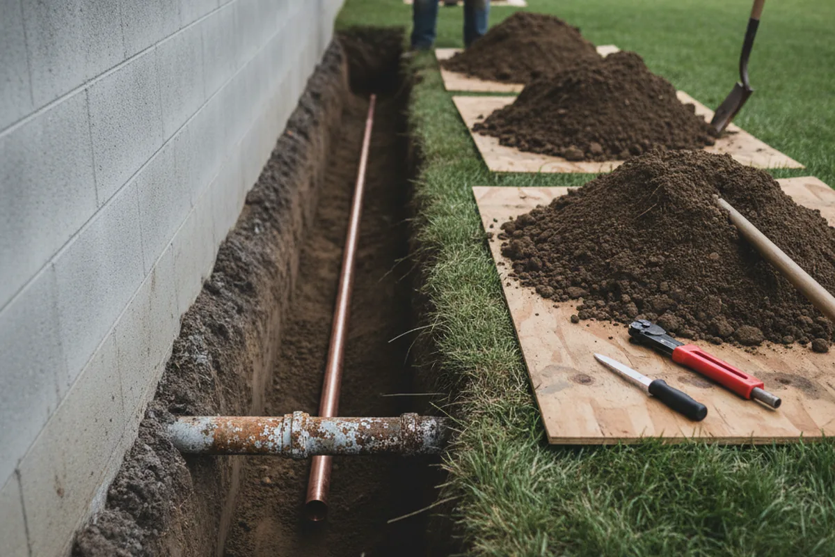 Excavated water line trench during Water Heater Repair in Fountaintown